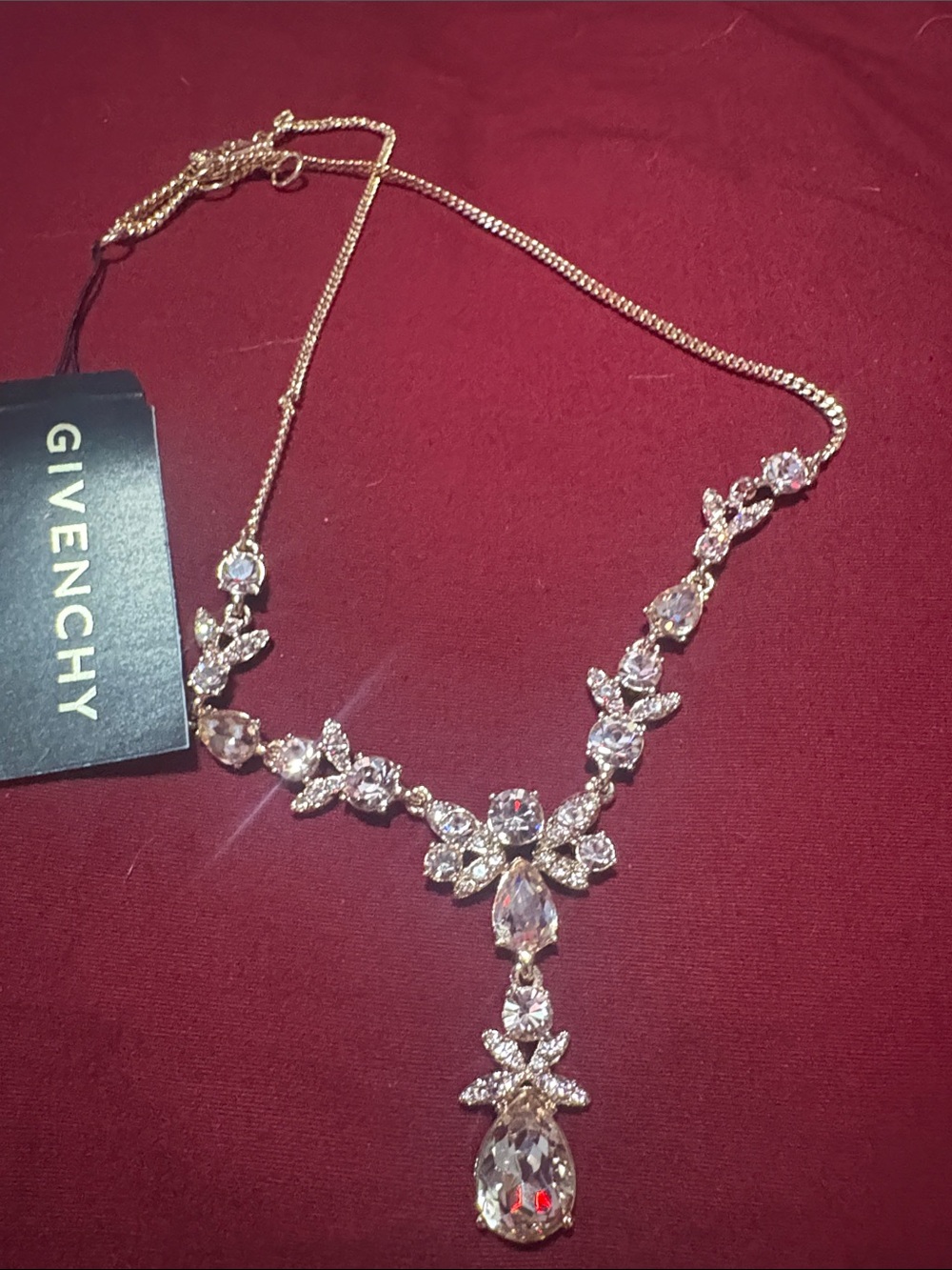 Givenchy Gold Crystal Drop Necklace with Clear Stones